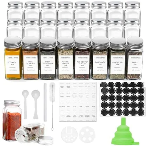 Produktbild: GRKJGytech Gewürzgläser Set 24er 120ml Glas Gewürzdosen mit Schraubkappe Gewürzetiketten Streueinsatz Trichter, Bürste Spice jars set für Küche