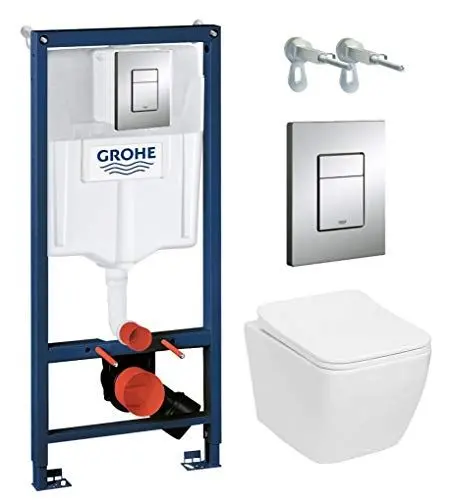 Produktbild: lavita Grohe Vorwandelement inkl. Drückerplatte Wand WC ohne Spülrand + WC-Sitz mit Soft-Close-Absenkautomatik (Lino, Drückerplatte Chrom glänzend)