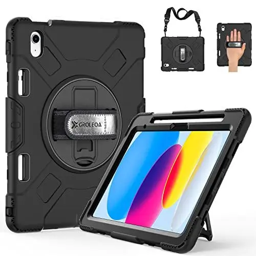Produktbild: GROLEOA Hülle für iPad 10 Generation, Robuste Stoßfeste Schutzhülle aus Silikon Case für iPad 10th Gen 10.9 Zoll mit Stifthalter, Drehbarer Ständer, handschlaufe, Schultergurt, Schwarz