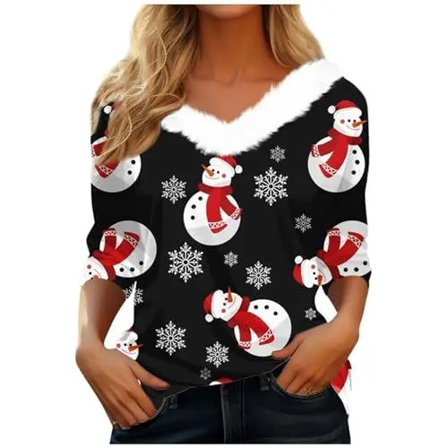 Produktbild: GROOKZ Longbluse Damen Christmas Oberteile Damen Baumwolle Weihnachten Oberteile Damen Elegant Angora Unterwäsche Damen Longtops Damen Lang Xmas Tops Y2K T Shirt Für Mama Pastellfarbene Oberteile
