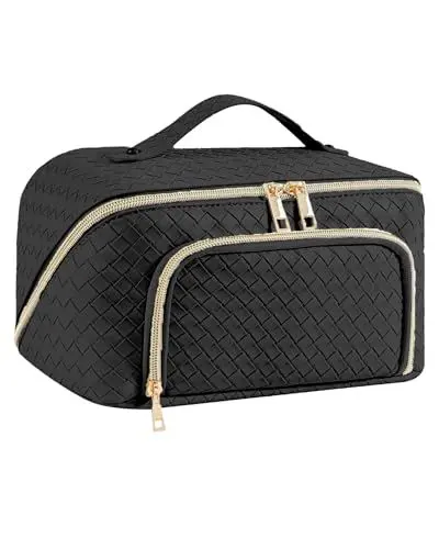 Produktbild: Groß Kosmetiktasche Schminktasche wasserdichte PU-Leder Reise Make-up-Tasche mit Große Weit Offener Tasche für Damen Frauen (Schwarz 2024)