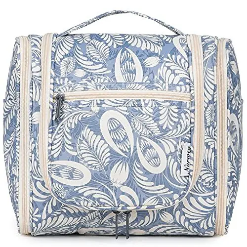 Produktbild: Narwey Groß Kulturbeutel Damen & Herren - Kulturtasche Zum Aufhängen, Kinder Kosmetiktasche - Waschtasche für Frauen & Mädchen (Blaues Blatt (Groß))