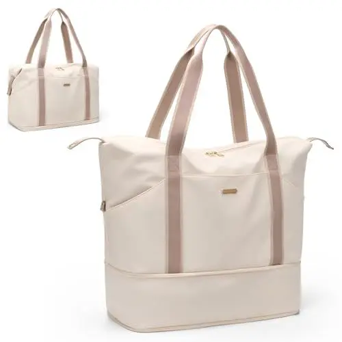 Produktbild: Groß Sporttasche Damen Reisetasche Handgepäck wasserdichte Tragbar Reisetasche, Weekender-Tasche mit Erweiterbarem Platz, für Sport Und Reisen (Cremefarben)