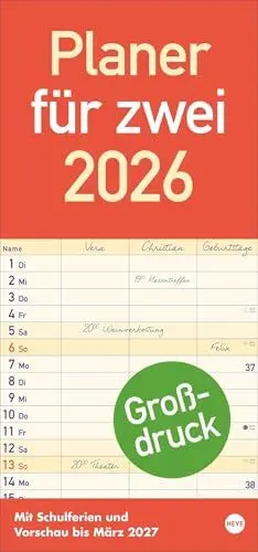 Produktbild: Großdruck Planer für zwei 2026: Praktischer Wandplaner für 2 mit extra großer Schrift und 3 Spalten. Wandkalender mit Schulferien und 3-Monats-Ausblick. Terminkalender 2026 (Familienplaner Heye)