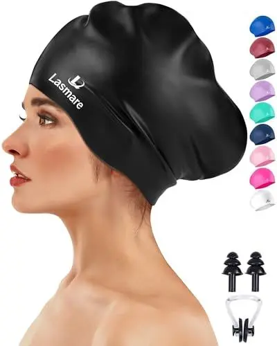 Produktbild: Große Langes Haar Badekappe mit Extra Platz für Damen Herren, Bademütze für Langes, Dickes Haar mit Ohrstöpseln, Nasenklammer Set, wasserdichte Badekappe Damen um das Haar trocken zu halten(Schwarz)