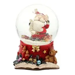 Produktbild: Große Schneekugel, Weihnachtsmann mit Feder und Wunschzettel, mit Sound, auf aufwendig dekoriertem Sockel, Maße L/B/H: 10 x 10 x 14 cm Kugel Ø 10 cm