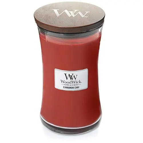 Produktbild: Große WoodWick Duftkerze im Sanduhrglas mit knisterndem Docht, Cinnamon Chai, bis zu 130 Stunden Brenndauer