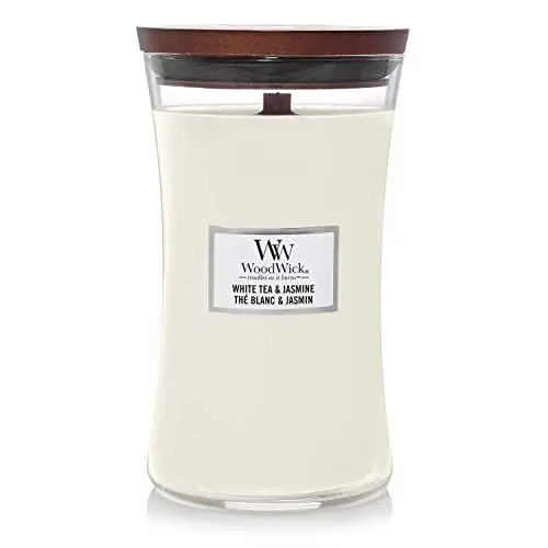 Produktbild: Große WoodWick Duftkerze im Sanduhrglas mit knisterndem Docht, White Tea & Jasmine, bis zu 130 Stunden Brenndauer