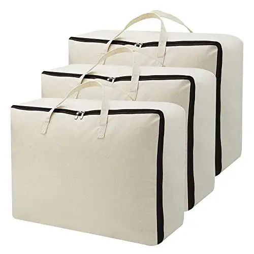 Produktbild: Große weiche Bettwäsche Tasche aus Segeltuch, Pullover mit Reißverschluss aus Naturbaumwolle | Aufbewahrungstasche für Schränke und unter dem Bett, Garment Organizer Bag für Garderobe | 3er Pack