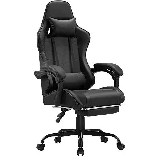 Produktbild: Großer ergonomischer Rennsitz mit hoher Rückenlehne für Chefbüros und Gaming, mit Massagefunktion, Lordosenstütze und einziehbarer Fußstütze, PU-Leder, 90–180-Grad-Verstellung der