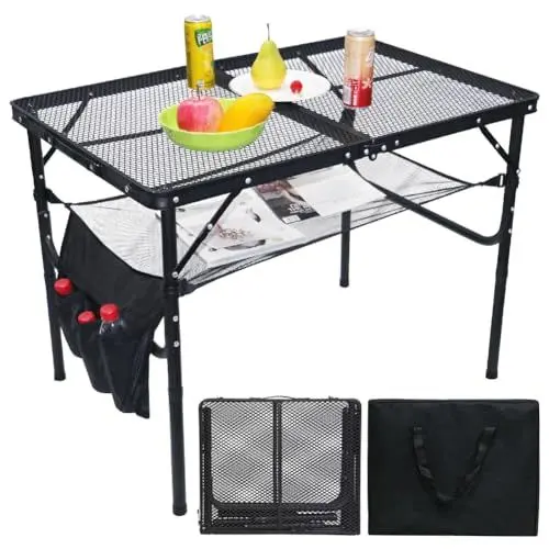 Produktbild: Tragbare Campingtische, Klappbarer Multifunktionstisch, Camping Tisch, Grilltisch mit Metallgitterplatte, Leicht und Tragbar Kleiner Tisch, Zusammenklappbar Gartentisch, Beistelltisch, für Picknick
