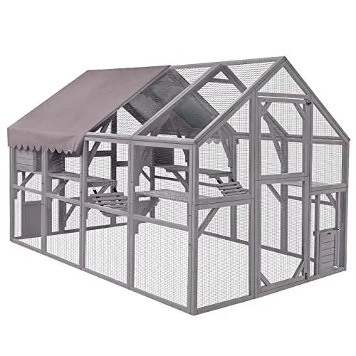 Produktbild: Großes Katzengehege aus Holz für Katzen, Terrasse, Outdoor, Katzenhaus mit Brücken, Spaziergänge, kleine Häuser, Dachabdeckung