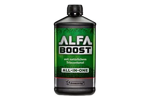 Produktbild: Growsartig ALFA Boost All-IN-ONE Pflanzen-Booster mit Triacontanol 1 Liter. Für Blüte, Wachstum und Bewurzelung. Steigert den Ertrag. Biozertifiziert.