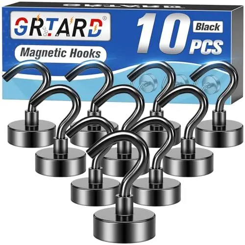 Produktbild: Grtard Magnethaken, 10 Stück 25Lb+ Ziehen Schwarz Starke Magnete Neodym Magnete Haken, Magnet mit Haken, Magnethaken Extra Stark für Decke, Bad, Handtuch, Küche, Büro und Garage