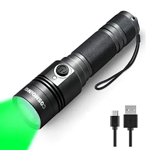 Produktbild: Grün Taschenlampen, COSMOING Aufladbar 300 Yards Taktische Grünlicht Taschenlampe mit Batterie hohe Lumen Handheld Grünlicht für Astronomie Nachtsicht Wandern