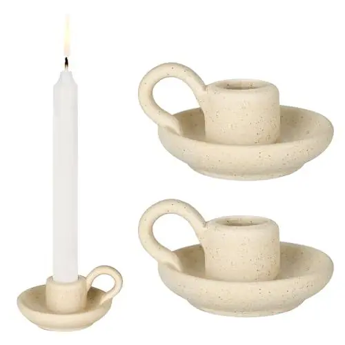 Produktbild: Grünara 2er Set Kerzenständer, Kerzenständer Stabkerzen aus Keramik, Kerzenhalter- Ideal für Schlafzimmer, Wohnzimmer Deko & Tischdeko, Kerzenleuchter - Beige
