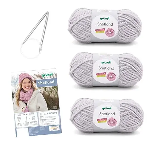 Produktbild: Gründl Strickset 3 x 100 g Shetland Wolle Strickgarn + Nadel 7 - 8 + Anleitung zum selber Stricken, 30 x 20 x 8 cm, hellgrau melange