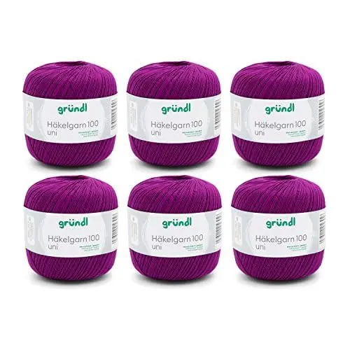 Produktbild: Gründl Wolle Häkelgarn 100 aus 100 % Baumwolle, 6 x 100 g Knäuel, Nadelstärke 1,5 - 2, 6, 100 g / 566 m, dünnes Garn zum Häkeln, Baumwollgarn, purpur