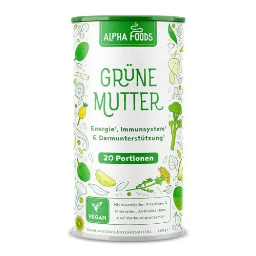 Produktbild: Grüne Mutter 2.0 - Das Original - Greens Shake - Akazienfaserpulver, Weizengras, Brennnessel, Mariendistel, Alfalfa, Chlorella und mehr - Smoothie Shake - 600g Pulver - Alpha Foods