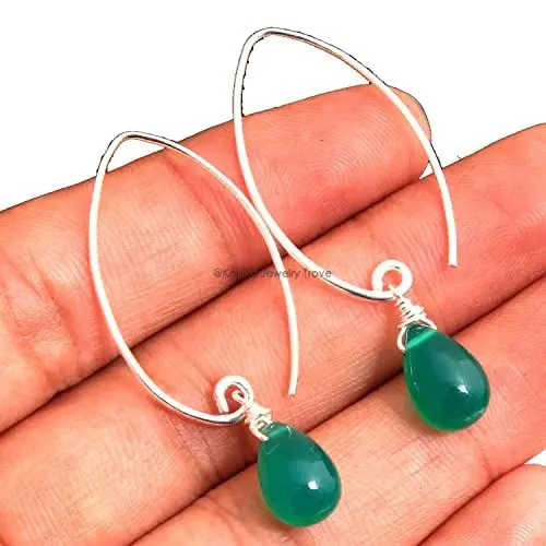 Produktbild: Grüne Onyx-Edelstein-Sterlingsilber-Tropfenohrringe für Frauen und Mädchen, Lünette-Set-Angelhaken-Ohrringe, grüne Brautjungfern-Ohrringe, Weihnachtsgeschenk