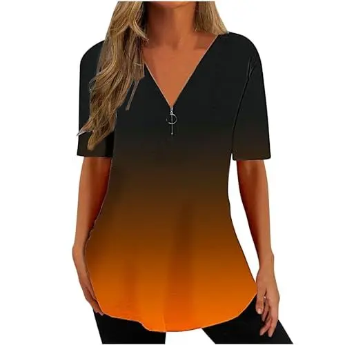 Produktbild: Grünes Oberteil Kurzärmelige, lockere Oberteile für Damen, T-Shirts mit Farbblockierung, lässige Raglanärmel, Farbblock-T-Shirts Sommer Top Damen (Orange, XXL)
