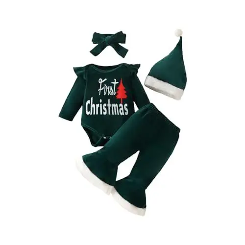 Produktbild: Grünes Sweatshirtkleid Mädchen Trachtenbluse Baby Weihnachts-Kleinkind-Mädchen-Set Mit Langen Ärmeln und Buchstabenmuster Strampler Oberteil Ausgestellte Hose Stirnband Mütze Vierteiliges Set 0 Bis 18