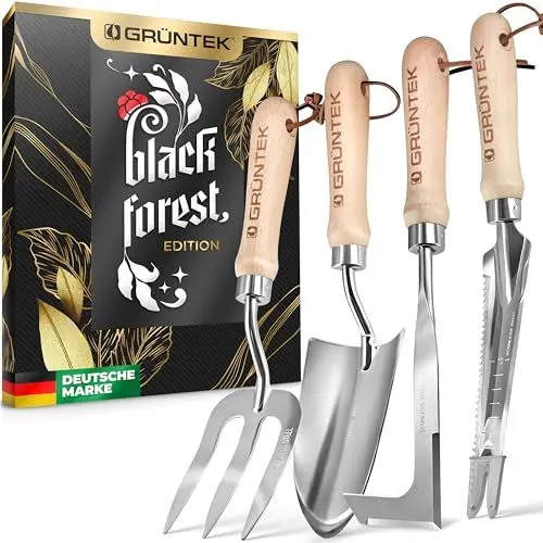 Produktbild: GRÜNTEK 4-TLG Gartenwerkzeug-Set, Premium Gartengeräte, besonders Stabiler Edelstahl, Rutschfester Eschenholz Griff, Garten-Kelle, Gabel, Multi-Unkrautjäter, Fugenstecher, Garten Werkzeug Satz