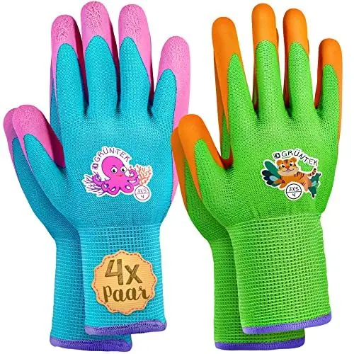 Produktbild: GRÜNTEK Kinder-Gartenhandschuhe mit Latex-Beschichtung – Schadstofffreie, Rutschfeste Arbeitshandschuhe für Kids, Atmungsaktiv und Bequem in Orange, Grün, Hellblau und Rosa, Gr. 3XS