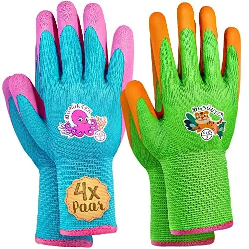 Produktbild: GRÜNTEK Kinder-Gartenhandschuhe mit Latex-Beschichtung – Schadstofffreie, Rutschfeste Arbeitshandschuhe für Kids, Atmungsaktiv und Bequem in Orange, Grün, Hellblau und Rosa, Gr. 4XS