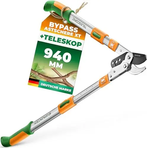 Produktbild: GRÜNTEK Teleskop-Astschere 685-940mm – 6-fach verstellbare Bypass-Astschere, SK5-Karbonstahl, ideal zum Stutzen von trockenem Holz – Rutschfeste 2-Komponenten-Griffe