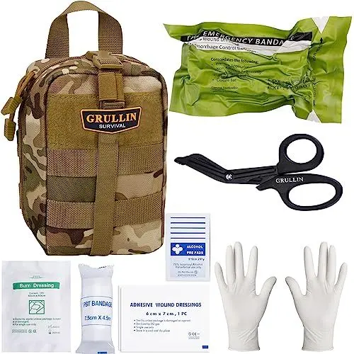Produktbild: GRULLIN IFAK Trauma Kit, Mini Tactical MOLLE Notfall Erste Hilfe Kit, Outdoor Militär Feld Dressing EMT Tasche für Abenteuer, Jagd, Camping, Wandern, Reisen, Katastrophe und Unfall (CP Camo)