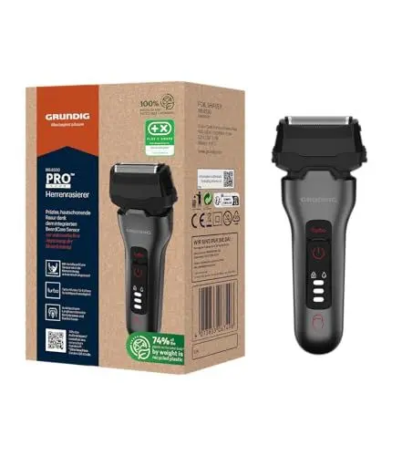 Produktbild: GRUNDIG MS 8330 Herrenrasierer, 60 Min Betriebszeit, Ausklappbarer Langhaarschneider, 3-fach Schneidsystem, Gehäuse aus 74% recyceltem Kunststoff, Weltweite Nutzung, Dunkles Mattchrom/Rot