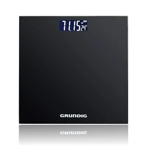 Produktbild: Grundig Personenwaage Digital - Waage Personen bis 180 kg - Wage für Körpergewichtsmessungen in kg/lb - Körperwaage bis 500 g genau - Digitalwaage mit Digitalanzeige - Schwarz - Glas
