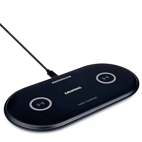 Produktbild: Grundig Qi Ladestation - Kabelloses Ladegerät für 2 Geräte - 2 x 10W - Inkl. USB-Ladekabel - Geeignet für Apple- und Android-Geräte - Schwarz