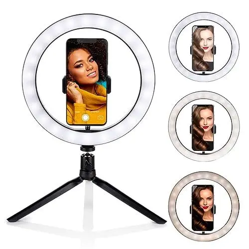 Produktbild: Grundig Ringlicht auf Stativ - Selfie Ringlicht - ⌀ 25 cm - 3 Lichtfarben - 11 Helligkeitsstufen - Flexibler Hals - Bedienung am Kabel - USB aufladbar - Telefonhalter - Stativ - LED Beleuchtung