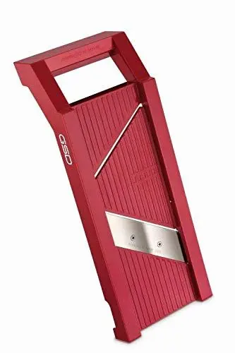 Produktbild: GSD Universal-Gemüsehobel mit 2 Einsätzen, aus Kunststoff in Rot, zum Schneiden von 3 verschiedenen Scheibenstärken, Rostfreies Stahlmesser