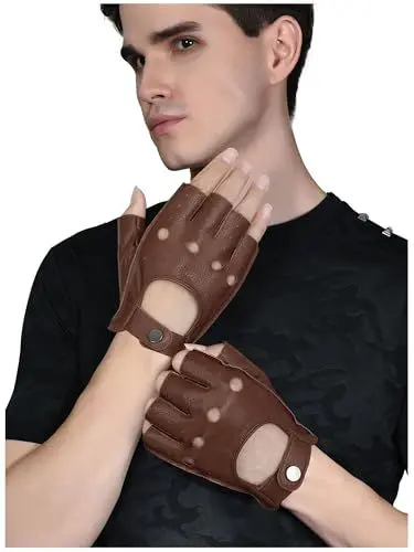 Produktbild: GSG Herren-Leder-Fingerlose Handschuhe, Halbfinger-Handschuhe, Braun, M
