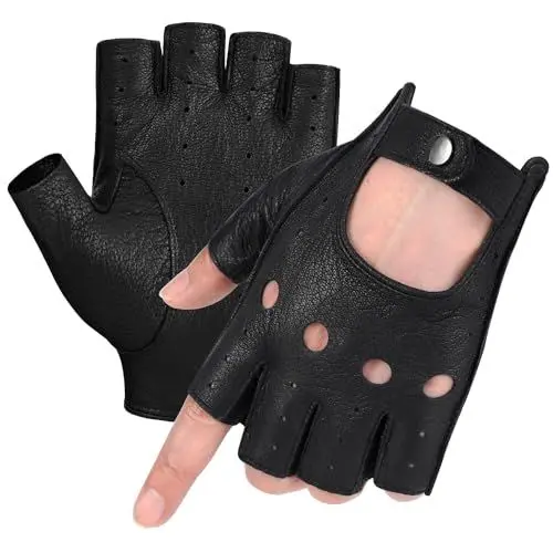 Produktbild: GSG Herren-Leder-Fingerlose Handschuhe, Halbfinger-Handschuhe, Schwarz, S