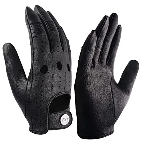 Produktbild: GSG Herren Fahrhandschuhe aus echtem Leder Ungefütterte Touchscreen-Handschuhe aus Schaffell Lederhandschuhe Schwarz Medium
