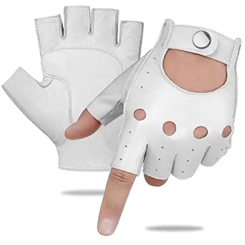 Produktbild: GSG Herren Fingerlose Lederhandschuhe Ungefüttert Halbfinger Leder Fahrhandschuhe Schaffell Weiß XL
