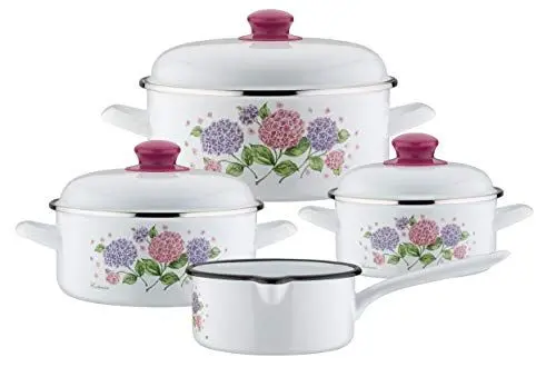 Produktbild: GSW 189989 Kochtopf-Set Hortensie 7-tlg, Stahl-Emaille, Kunststoff, weiß