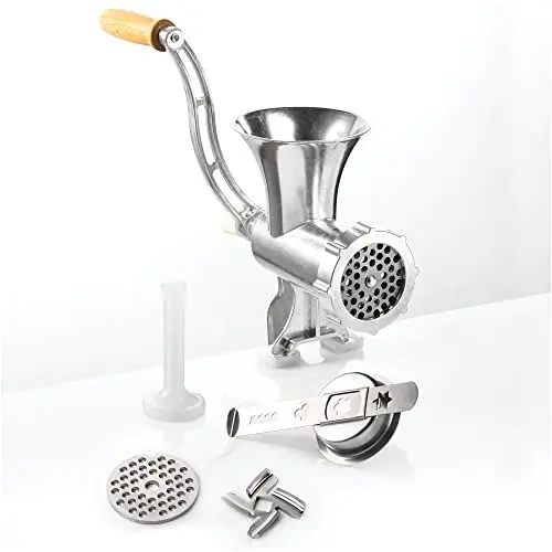 Produktbild: GSW Fleischwolf Größe Nr. 8 – hochwertiger Fleischwolf mit Edelstahl-Messer und -lochscheibe, ideal für Fleisch und Gemüse, inkl. Gebäckvorsatz und Stößel – Aluminium, Silber