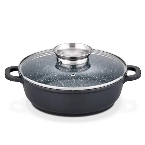 Produktbild: GSW Gourmet Servierpfanne aus Granit mit Aroma Glasdeckel, Pfanne Induktion mit kratzfester Antihaftbeschichtung, Bräter mit Deckel, Bratpfanne 24 cm, Schwarz