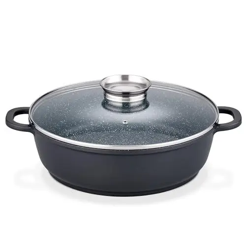Produktbild: GSW Gourmet Servierpfanne aus Granit mit Aroma Glasdeckel, Pfanne Induktion mit kratzfester Antihaftbeschichtung, Bräter mit Deckel, Bratpfanne 32 cm, Schwarz