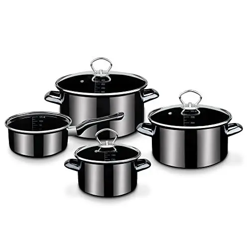 Produktbild: GSW Kochtopf-Set Profi-Black-Star – hochwertiges Topfset bestehend aus 3 Töpfen und 1 Kasserolle, inkl. Deckel, auch für Induktion – Stahl-Emaille, 7-teilig, Schwarz, 4-tlg