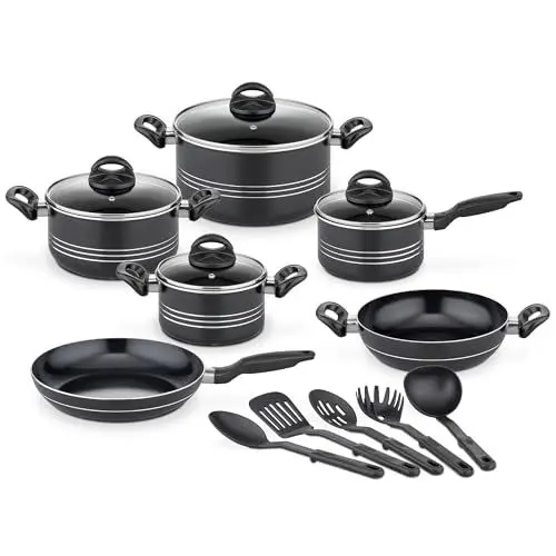Produktbild: GSW Kochtopf Set Milano Nero, 15-teilig, Hochwertiges Topfset für Induktion, Ceran & Gas, Antihaftbeschichtung, Kochtöpfe mit Glasdeckel & Küchenhelfer, Töpfe & Pfannen