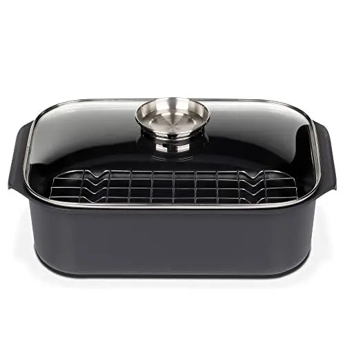 Produktbild: GSW Rechteckbräter Gourmet – hochwertiger Deckel und Grilleinsatz, ideal zum Schmoren, Dünsten und Braten, auch für den Backofen – Schwarz, Aluguss, 8 Liter, Aroma-Glasdeckel ø ca. 40 x 26 x H 11cm