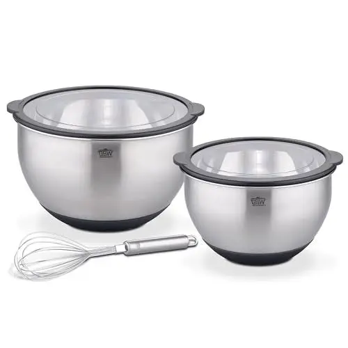 Produktbild: GSW Servierschüsselset Primo, Hochwertige Edelstahl Rühr- & Salatschüsseln mit luftdichtem Deckel, Teigschüssel, Küchenschüssel & Servierschale, 16cm/20cm/24cm, Silber