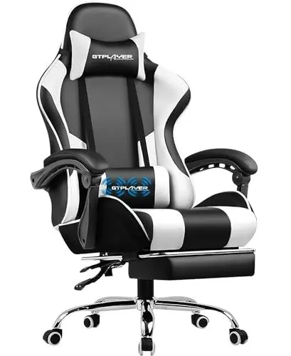 Produktbild: GTPLAYER Bürostuhl Gaming Stuhl Massage Gaming Sessel Ergonomischer Gamer Stuhl mit Fußstütze, Kopfstütze Massage-Lendenkissen, Gepolstert Gaming Chair, Drehsessel Weiß