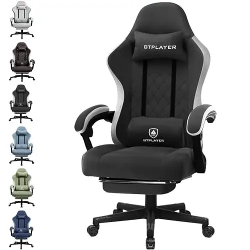 Produktbild: GTPLAYER Gaming Stuhl Ergonomischer Gaming Sessel Schreibtischstuhl mit Stoffoberfläche, Federsitzkissen, Verbindungsarmlehnen und Fußstütze schwarz, LR002-DUNKELBLAU